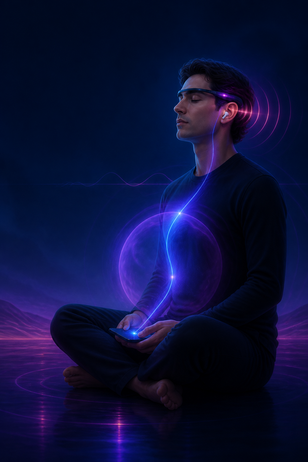 Concept illustration of a person meditating with a lighted wearable, wireless earbuds, and a phone as light, sound, and breath form a sensory feedback loop.